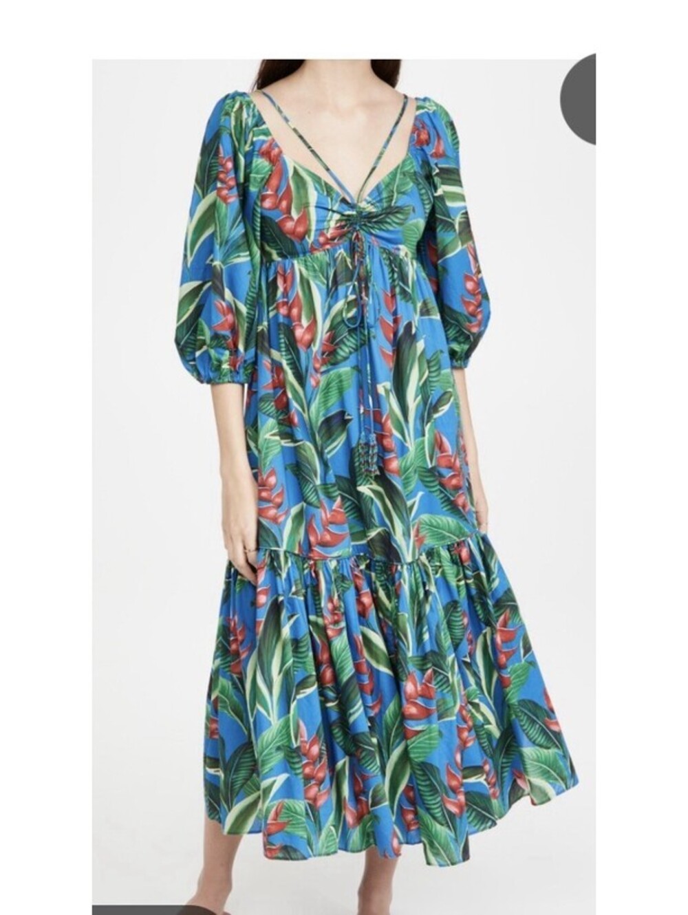 FARM RIO Dream Garden Midi Dress Women Sz M Blue Floral Tropical On/Off Shoulde - Picture 1 of 11